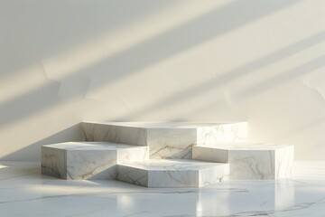 4 white marble hexagonal podiums on a simple background for product display