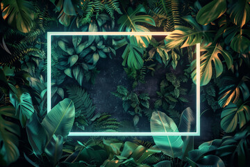 Gold neon frame background with empty space inside, among tropical jungle foliage