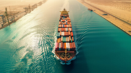 Aerial view of a cargo ship with containers