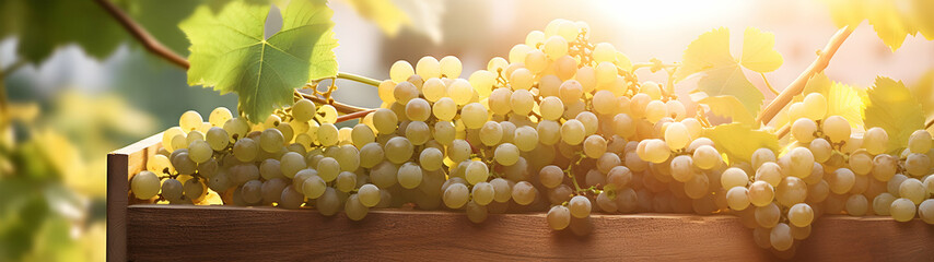 White vine grapes harvested in a wooden box with vineyard and sunshine in the background. Natural...