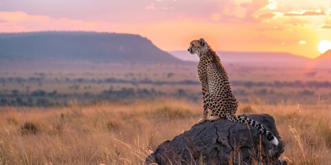 A cheetah poised on a termite mound, surveying the vast savanna, the panoramic view encompassing the vibrant colors of the setting sun against the mountains. - obrazy, fototapety, plakaty