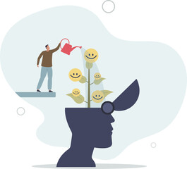 happiness or positive attitude, relaxation to reduce anxiety increasing positive emotion,flat vector illustration.