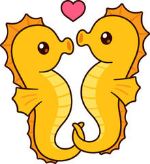 Cute cartoon seahorse couple holding tails with heart. St. Valentines Day greeting card illustration.