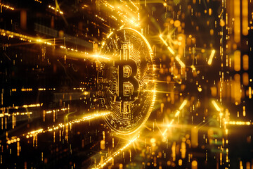 Digital gold spins in a captivating spectacle of light, its neon glow illuminating the transformative power and potential pitfalls of cryptocurrency.