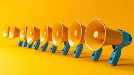 Row of Yellow and Blue Megaphones on Yellow Background