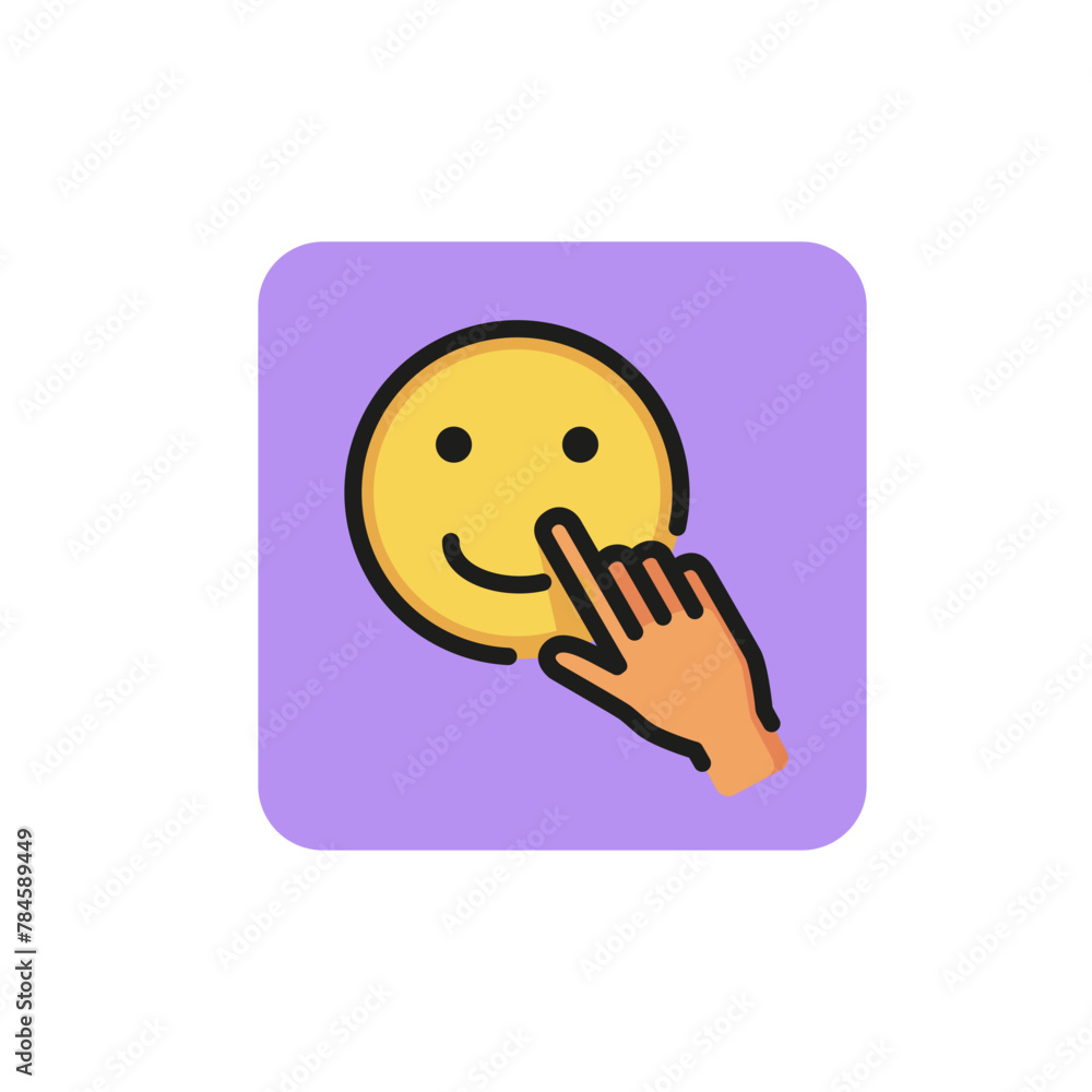 Sticker line icon of hand pointing smiley face. positivity, feedback, mobile message. internet communication