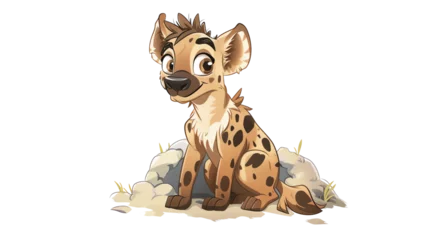 Foto op Canvas a Hyenas at a den, complete with a cute,The scene is set against a pure white background, emphasizing the character dynamic pose and the delightful expression of determination on its face,chibi illust © Sukifli.D