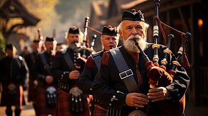 Group of men wearing kilts and playing bagpipes marching down a street in a Scottish parade