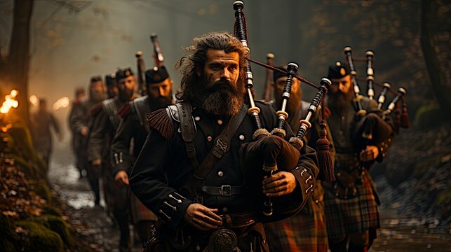 Group of men dressed in traditional kilts and playing bagpipes, walking through a lush forest