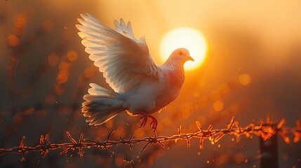 Dove takes flight against a sunset backdrop. Generative AI - obrazy, fototapety, plakaty