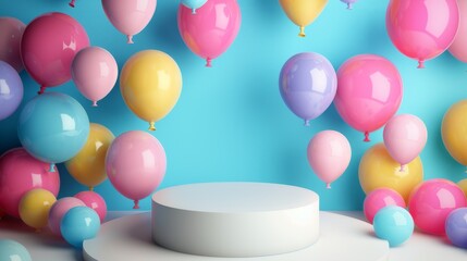 An empty white podium, against a background of multicolored balloons, delicate color.  A children's holiday showcase for displaying goods. 3D rendering.
