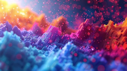 Captivating Digital Kaleidoscope of Pixelated Fractal Patterns and Luminous Bokeh Lights Depicting the Visually Stunning Complexities of Data and