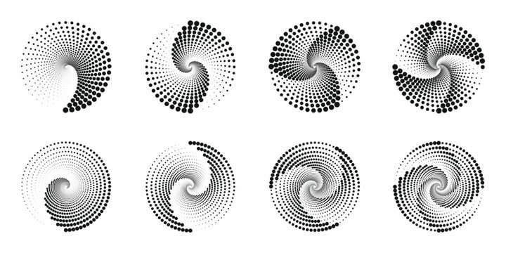 Set of Spiral Dotted Circle Lines – Trendy Vector Design for Logos, Frames, and Web Graphics.
