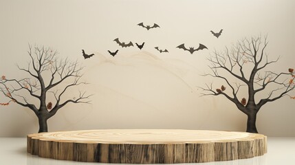 Grey gloom background, with trees and bats. An empty podium. The layout of the platform for product demonstration.
