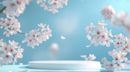 A blooming branch with white flowers on the background of an empty podium.   The layout of the...