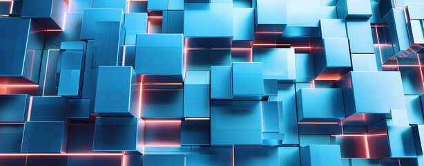 Abstract Wallpaper with 3D Geometric Concept. Vivid Blue and Pink Blocks with Luminous Edges.
