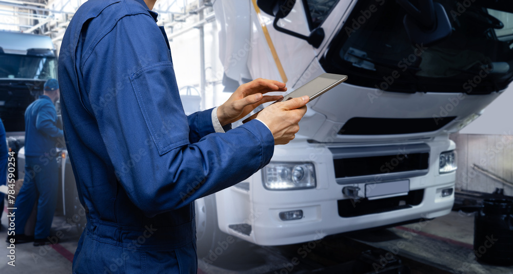 Poster serviceman with digital tablet on the background of the truck in the garage..