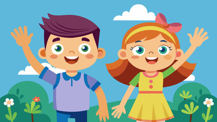 illustration-of-cartoon-boy-and-girl-waving-hand