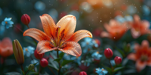 Serene Garden Scene Featuring a Blooming Lily with Red, Blue and White Accents