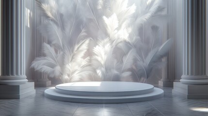 An empty podium against a background of large white luxurious feathers. A platform for product demonstrations.  A stage showcase.