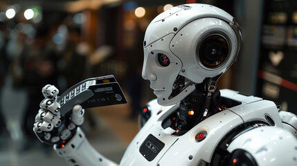 Fototapeta premium A credit card is held by a robotic hand against a technological backdrop.