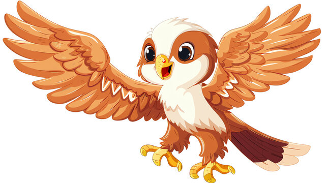 a Birds of prey in the sky, complete with a cute,The scene is set against a pure white background, emphasizing the character dynamic pose and the delightful expression of determination on its face,chi
