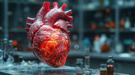 Glowing anatomical heart in the laboratory. - obrazy, fototapety, plakaty