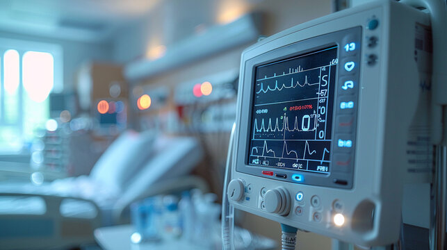 Close-up of a modern heart rate monitor displaying vital signs such as heart rate, blood pressure, and oxygen saturation.