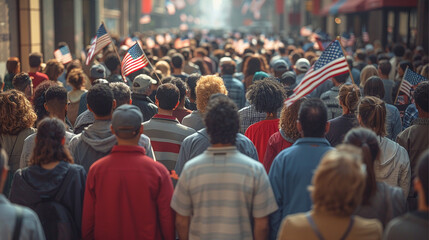 Obraz premium A diverse crowd standing in line on Election Day. Back view perspective