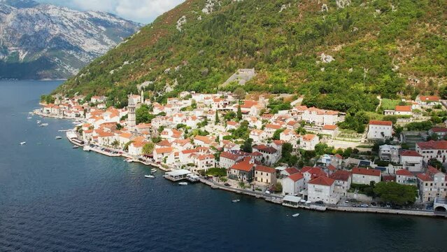 Aerial drone view of authentic architecture of Perast resort and Boka Kotor bay. Montenegro.