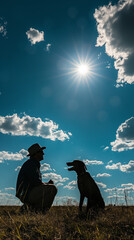 Silhouetted Man and Dog Bonding in Sunlit Countryside