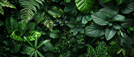 A lush green tropical leaf background with ferns and other foliage.