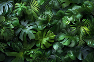 A lush tropical leaf background with monstera, palm leaves, and other greenery.