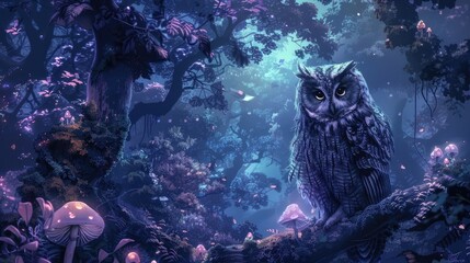 Mystical Owls Convening for Enchanted Dinner in Ethereal Forest Nook