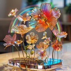 Augmented reality app for designing virtual rainbows among glass flowers, detailed textures, interactive home decor tool ,