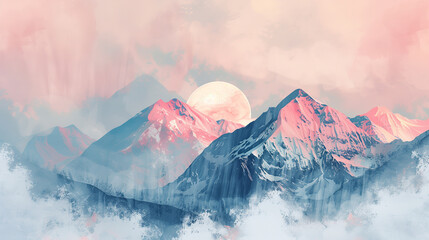 Soft pastel color abstract art of beautiful mountains. Mountain peak, minimalism landscape. Panorama banner illustration - 784591862