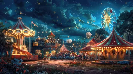 Deurstickers Whimsical Carnival with Owls Enjoying Festive Treats under Starry Watercolor Sky © Sittichok