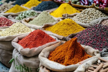 Fototapeta premium A collection of colorful spices at a market stall