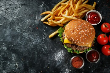 hamburger with french fries on dark background, top view