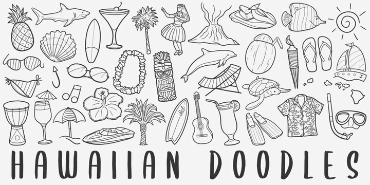 Hawaii Doodle Icons Black and White Line Art. Hawaiian Clipart Hand Drawn Symbol Design.