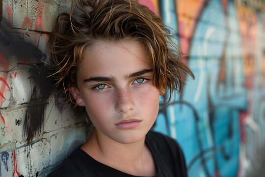 A rebellious teenager with messy hair and piercing gaze, against a graffiti-covered wall
