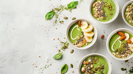Healthy Green Smoothie Bowls with Seeds, Nuts, and Banana Slices