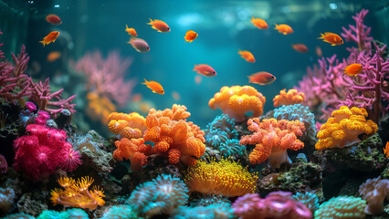 Fototapeta na wymiar underwater coral reef landscape super wide banner background in the deep blue ocean with colorful fish and marine life
