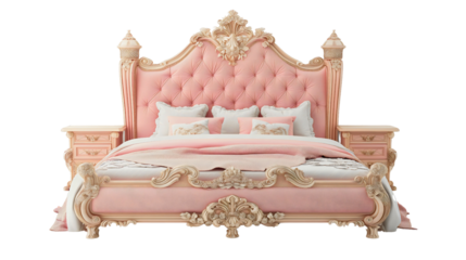 Luxury Victorian royal pink princess bed with white pillows, isolated object on transparent background