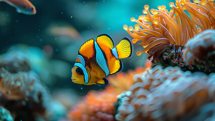 underwater coral reef landscape super wide banner background in the deep blue ocean with colorful fish and marine life