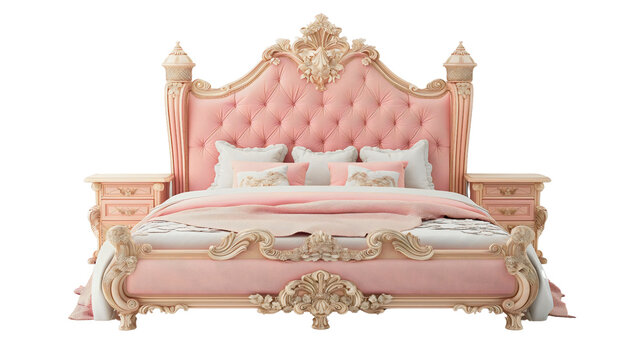 Luxury Victorian royal pink princess bed with white pillows, isolated object on transparent background