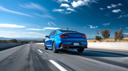 Fototapeta na wymiar Vibrant blue sports car speeding on a highway under a clear blue sky with fluffy clouds. Dynamic and modern design exudes speed and luxury. Ideal for automotive themes. AI