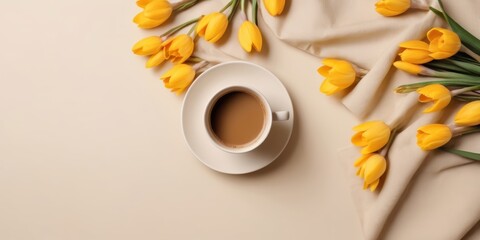 Obraz na płótnie Canvas Coffee cup and flowers on a beige background