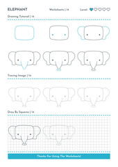 How to Draw Doodle Animal Elephant, Cartoon Character Step by Step Drawing Tutorial. Activity Worksheets For Kids