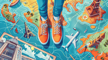 Explorer's shoes on world map, global travel, adventure